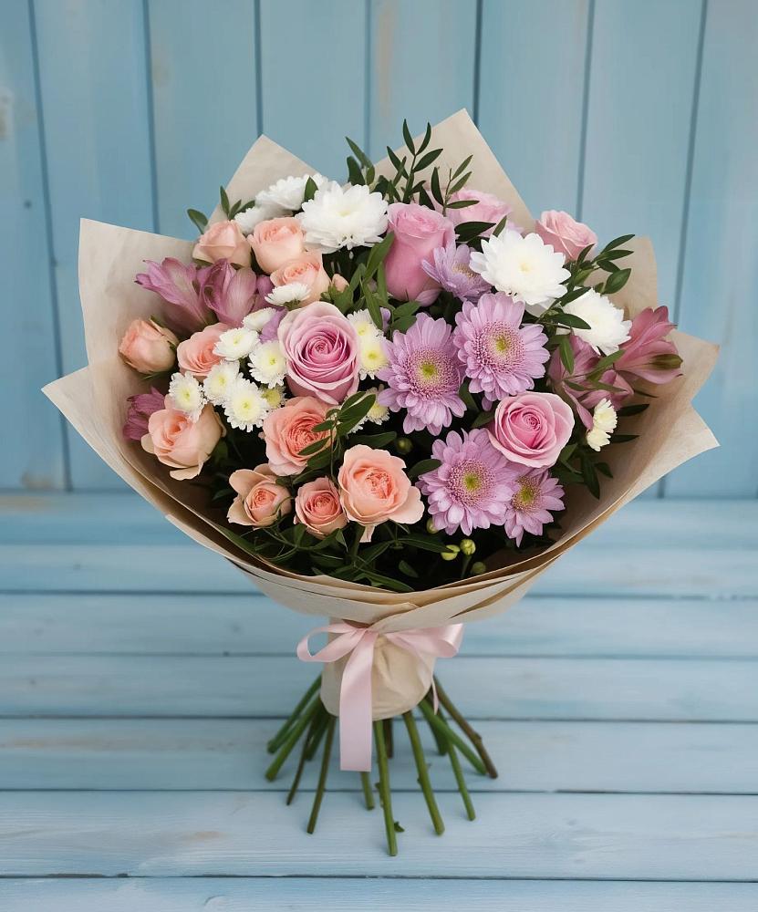 Букет цветов из: Хризантемы, Розы и Альстромерии в Батуринской