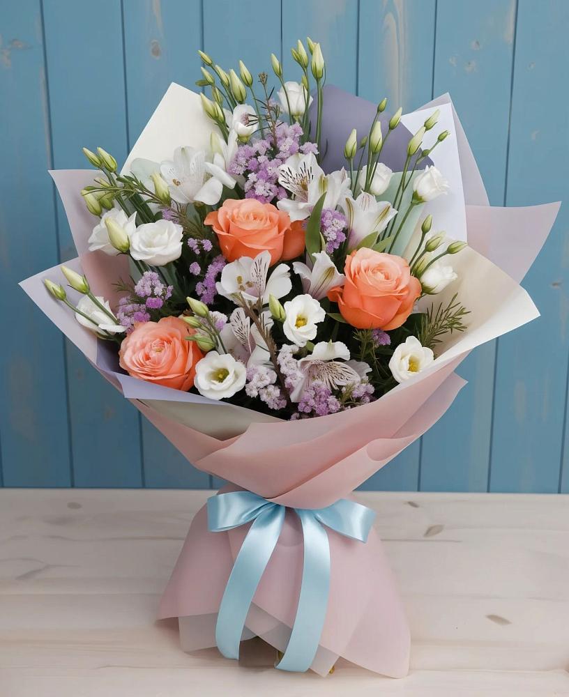 Букет цветов из: Лизиантусы, Розы, Альстромерии и Гипсофила в Батуринской