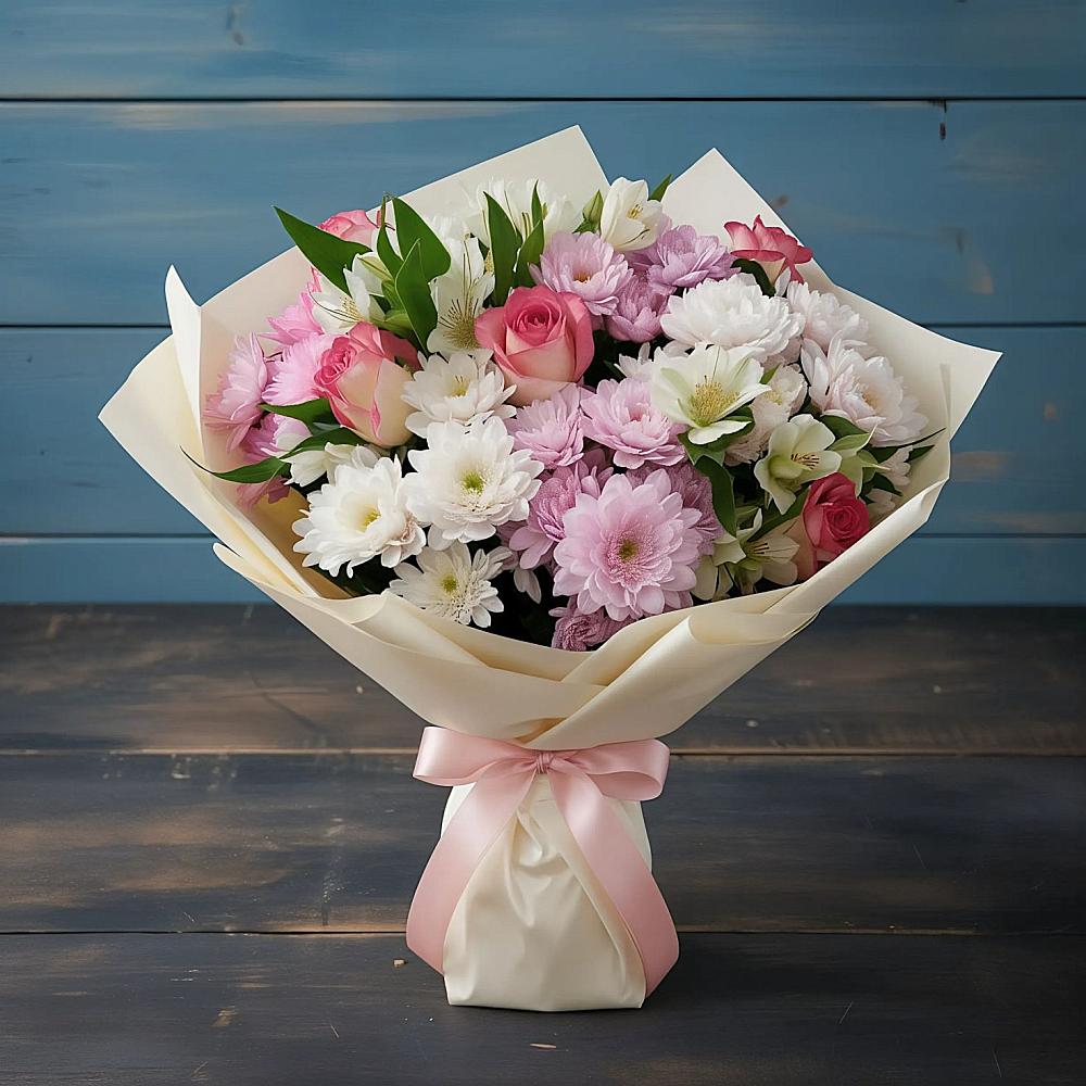 Букет цветов из: Хризантемы, Альстромерии и Розы в Батуринской